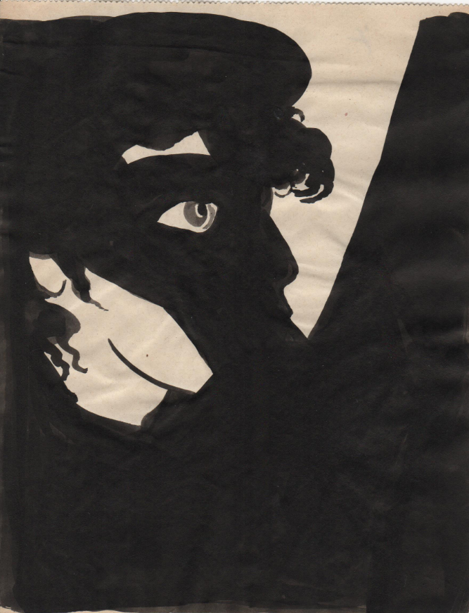  Uomo mascherato con profilo verso destra, china acquerellata su carta, mm 194 x 152