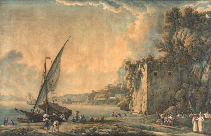 Abraham Louis Rodolphe Ducros, Veduta del Golfo di Baia e le stufe di Nerone, opera su carta, cm 66x100