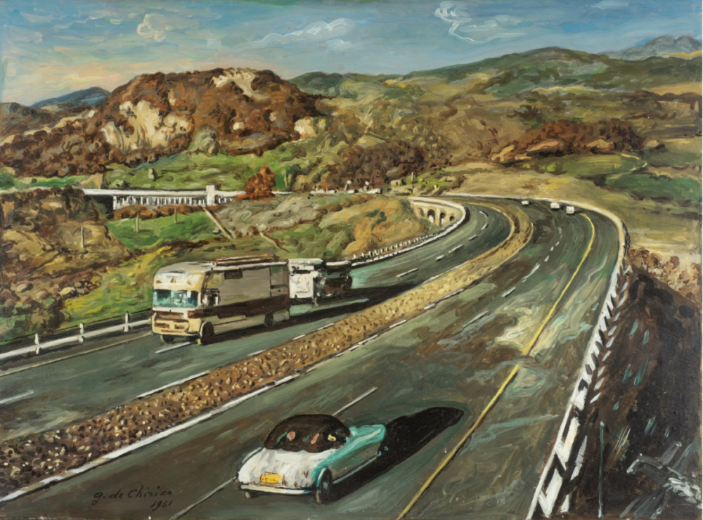 LOTTO 15 GIORGIO DE CHIRICO (Volo, 10 luglio 1888 – Roma, 20 novembre 1978) Autostrada del sole, 1961 Olio su tela, cm 60 x 80 Firmato e datato in basso a sinistra 