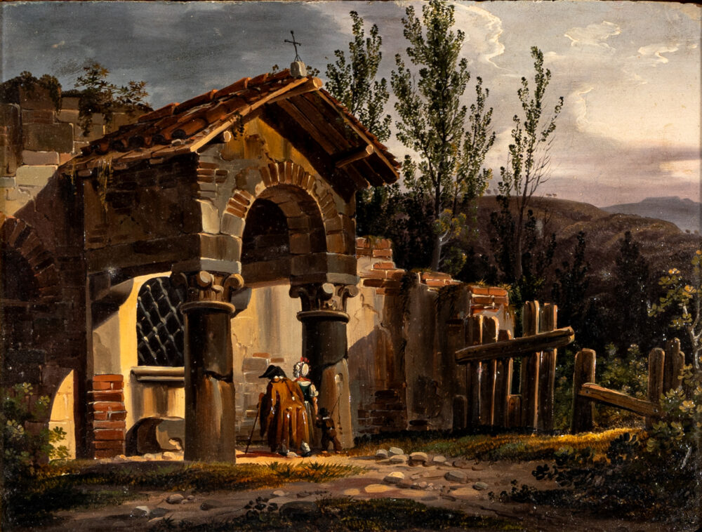 Federico Moja, Famiglia davanti a cappella votiva, olio su tavoletta, 21x28,5 cm