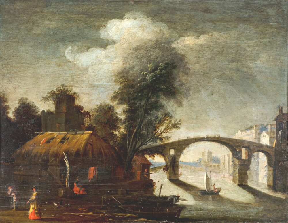 Filippo Napoletano, Paesaggio fluviale con ponte, olio su tavola, 50x66 cm