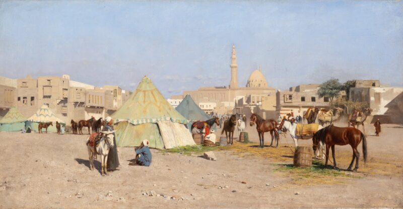 Lotto 277: Alberto Pasini (Busseto 1826 - Cavoretto 1899), Carovana alle porte di Costantinopoli, 1881, olio su tela (cm 42x81). Valutazione € 20.000 - 22.000