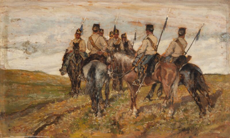Lotto 280: Giovanni Fattori (Livorno 1825 - Firenze 1908), Soldati a cavallo, olio su tavola (cm 22x37). Provenienza: Milano, Eredità Bernasconi. Valutazione € 10.000 - 12.000