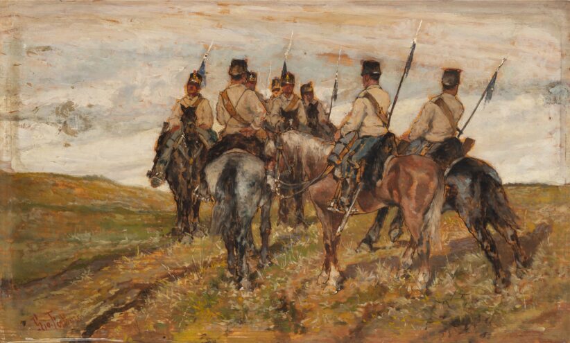 Lotto 280: Giovanni Fattori (Livorno 1825 - Firenze 1908), Soldati a cavallo, olio su tavola (cm 22x37). Provenienza: Milano, Eredità Bernasconi. Valutazione € 10.000 - 12.000