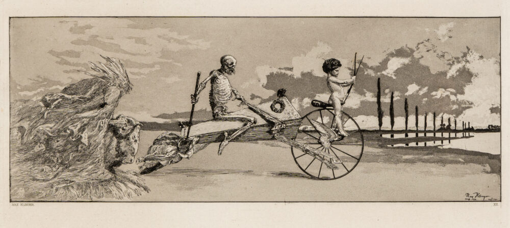 Max Klinger, Amore, morte e aldilà, 1879-81, incisione all’acquaforte, 22,5x40 cm.