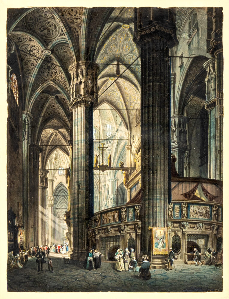 Scuola lombarda del XIX secolo, cerchia di Giovanni Migliara - Interno del Duomo di Milano Gouache su carta, 215x163 mm