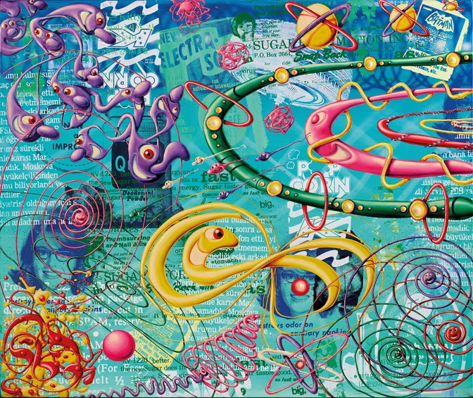 Kenny Scharf (nato a Los Angeles/CA nel 1958) Sugar, 2008-2009, olio, acrilico, inchiostro serigrafico e glitter su tela, 152 x 183 cm, prezzo realizzato € 428.000
