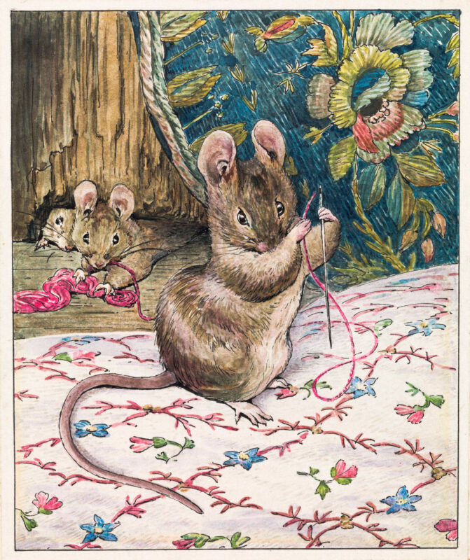 Watercolour, 'The Mice at Work: Threading the Needle', The Tailor of Gloucester artwork, by Beatrix Potter, 1902. © Tate