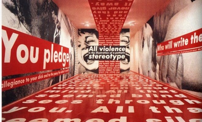 “Installation view of the self-titled solo exhibition at Mary Boone Gallery, NYC” by Barbara KRUGER, 1991, Feminist Art, Installation, Photographic collage | Image source: medium.com