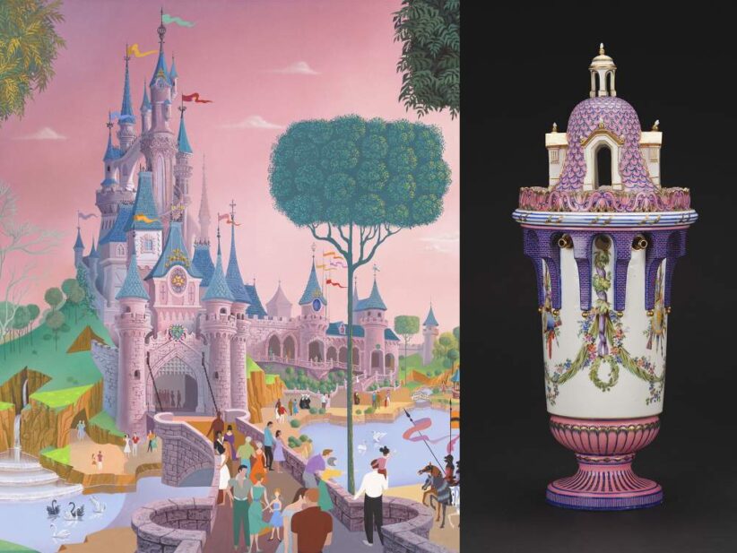 Il castello della Bella Addormentata nel Bosco, Disneyland Paris (1988) di Frank Harmitage e un vaso della Manifattura di Sèvres (1762) © Huntington Art Museum e Walt Disney Imagineering Collection