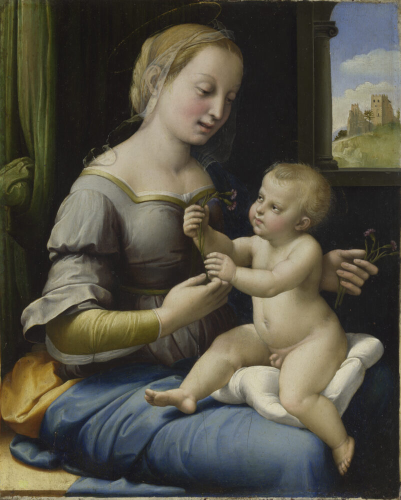 Raphael The Madonna of the Pinks ('La Madonna dei Garofani') about 1506-7 Oil on yew 27.9 x 22.4 cm © The National Gallery, London