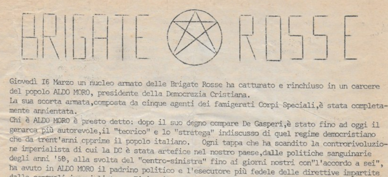 Particolare del primo volantino delle BR sul rapimento Moro