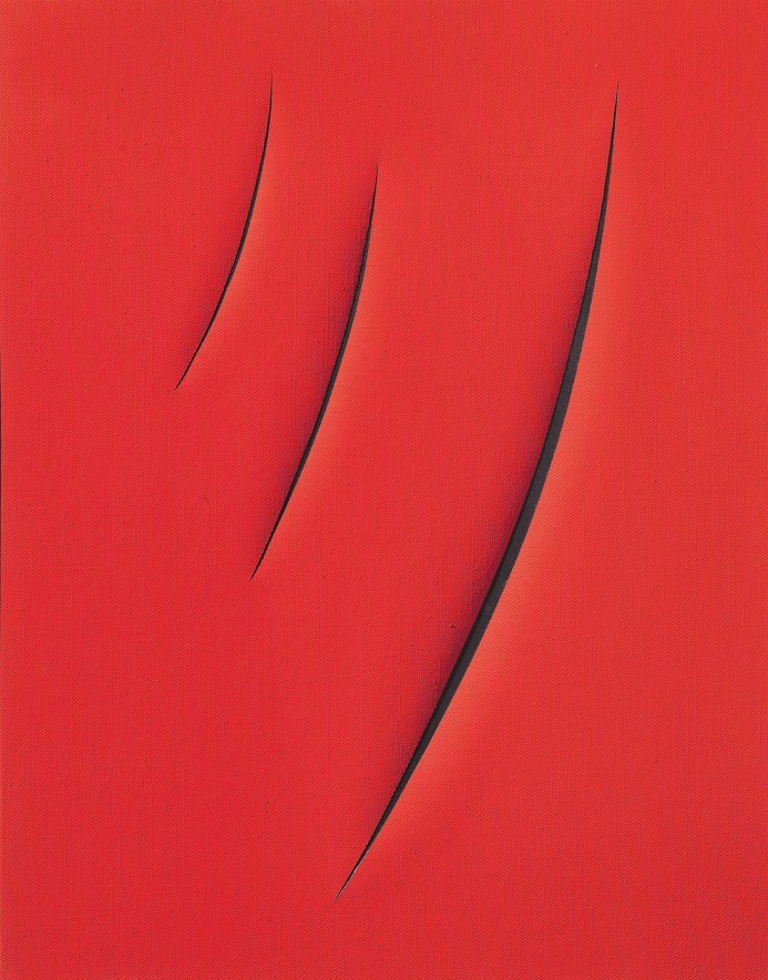 Lucio Fontana (Rosario de Santa Fè 1899 - Comabbio 1968), CONCETTO SPAZIALE. ATTESE (Tre Tagli), 1962, idropittura su tela; cm 65x50, aggiudicato a 1.349.500 euro