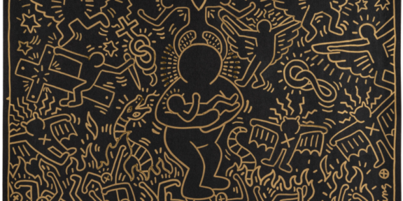 Keith Haring, “(Senza titolo) Natività”, 1985-1987 circa, disegno a pennarello dorato su cartoncino nero, 50,5 x 66,5 cm. Aggiudicato a 44.340 € (diritti inclusi), Asta n. 28