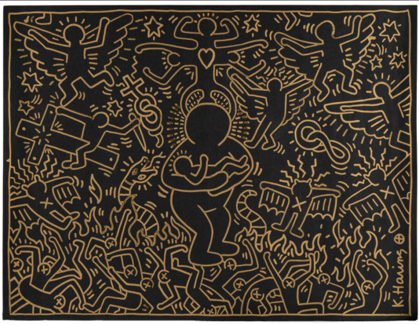 Keith Haring, “(Senza titolo) Natività”, 1985-1987 circa, disegno a pennarello dorato su cartoncino nero, 50,5 x 66,5 cm. Aggiudicato a 44.340 € (diritti inclusi), Asta n. 28