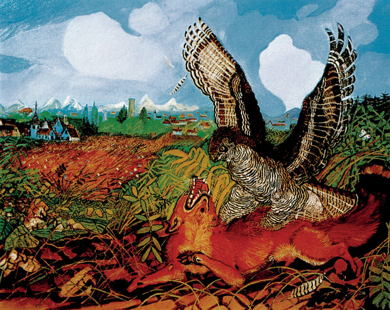 Volpe con rapace (nibbio), 1959-1960, olio su faesite, 150 x 120 cm, collezione privata courtesy Galleria Centro Steccata, Parma