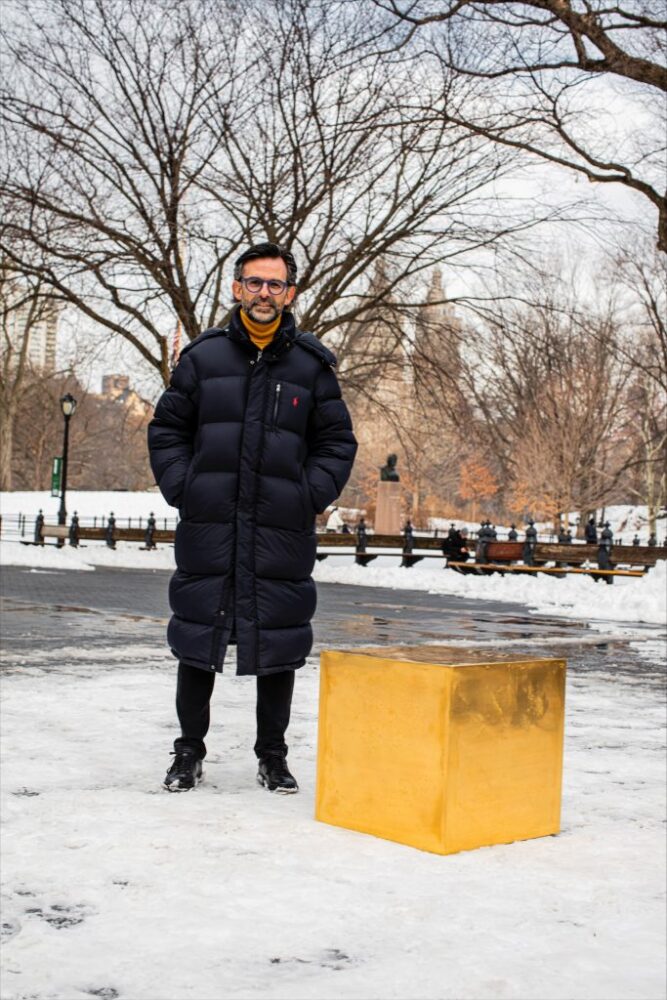 Niclas Castello with his piece The Castello Cube in Central Park, New York. Photo by Sandra Mika.
