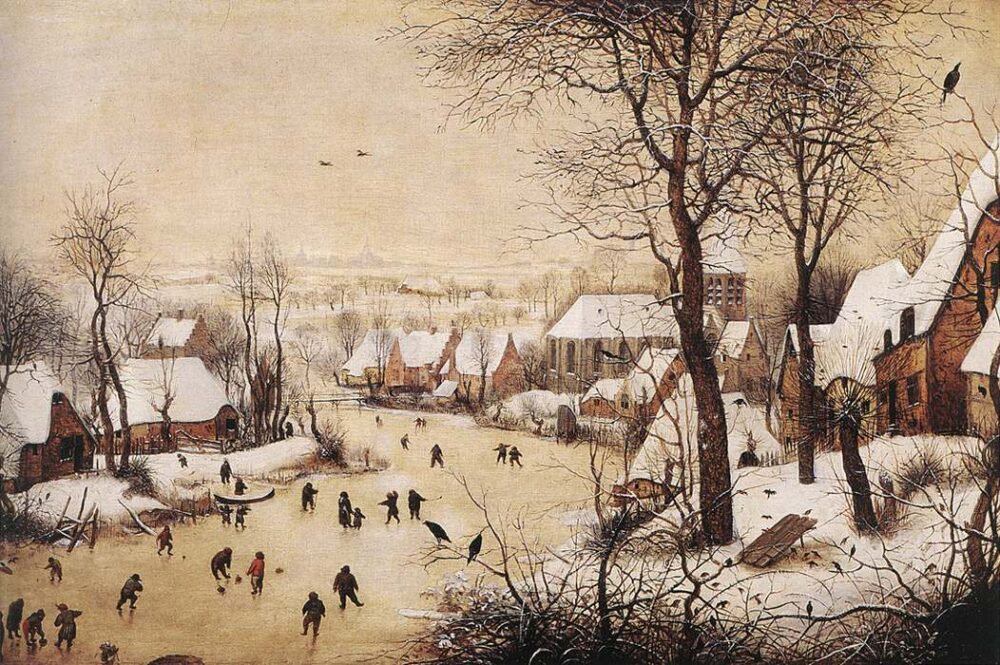 Paesaggio invernale con pattinatori e trappola per uccelli (1566)