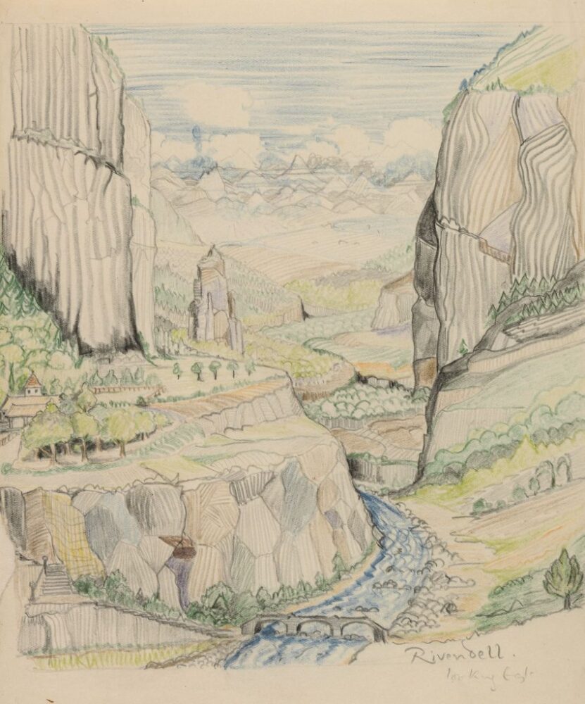 J.R.R. Tolkien, Rivendell looking East (early 1930s). This drawing became the basis for the 1937 watercolor of Rivendell in which the mountain walls are drawn closer together, intensifying the depth of the chasm and the secret location of the “last homely house.” Courtesy of the Tolkien Estate.