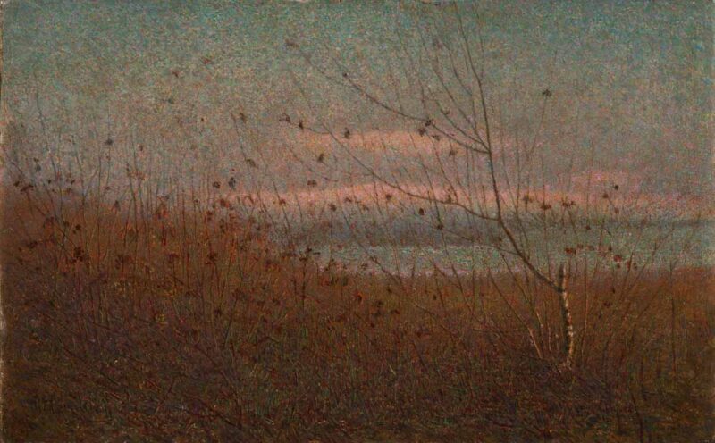 Vittore Grubicy De Dragon, Quando gli uccelletti vanno a dormire, 1891-1903, olio su tela, cm 30,5 x 52,5, collezione privata