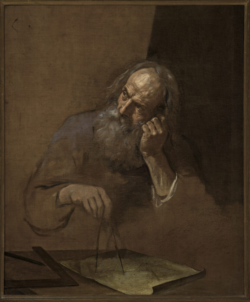 Simone Cantarini (Pesaro 1612 - Verona 1648) Filosofo con compasso (Euclide?) olio su tela, cm 104 x 86,3 – 120 x 103 (con cornice)