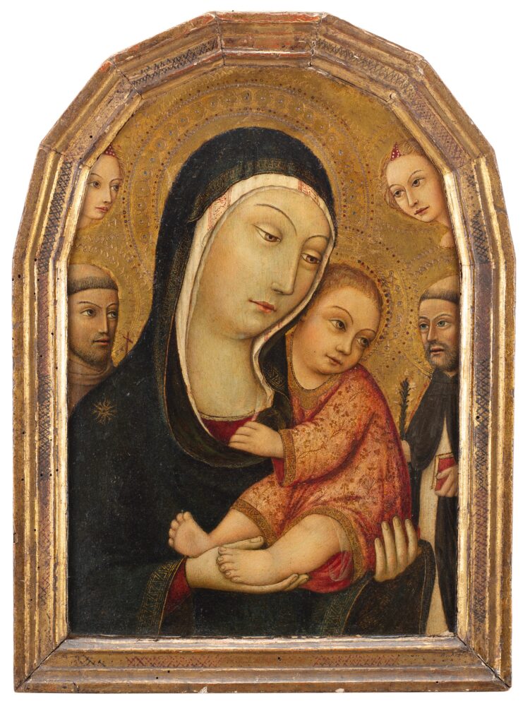 Lotto 111: Sano di Pietro (Siena 1406-1481) Madonna con Bambino, santi e angeli, tempera e oro su tavola, cm 57,2x42,1 Stima: € 50.000-55.000