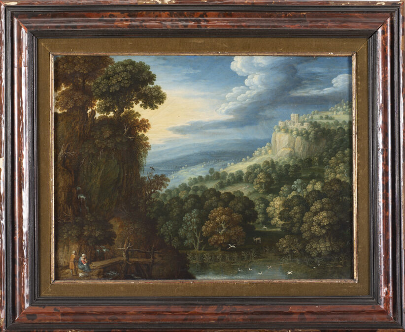 Marten Rijckaert (1587 - 1626) Paesaggio boschivo con riposo durante la fuga in Egitto Olio su rame, cm 22x35 Venduto: € 50.000
