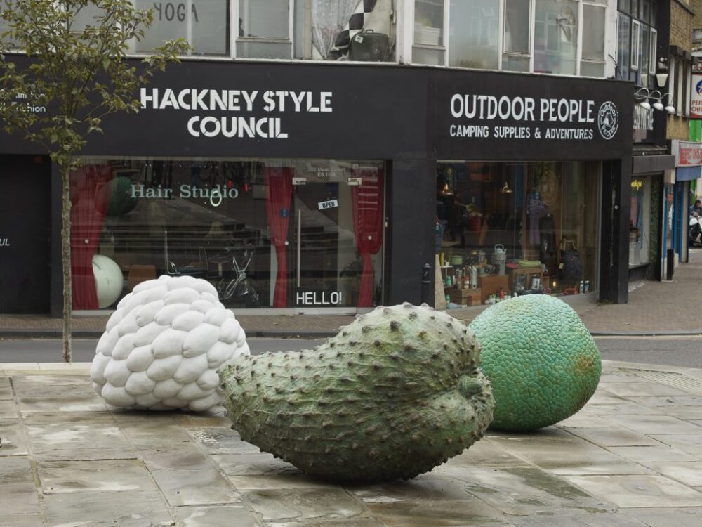 Veronica Ryan OBE, Custard Apple (Annonaceae), Breadfruit (Moraceae), and Soursop (Annonaceae), 2021. Commissioned by Hackney Council; curated and produced by Create London. Photo: Andy Keate. Courtesy the artist, Paula Cooper Gallery, New York, and Alison Jacques, London