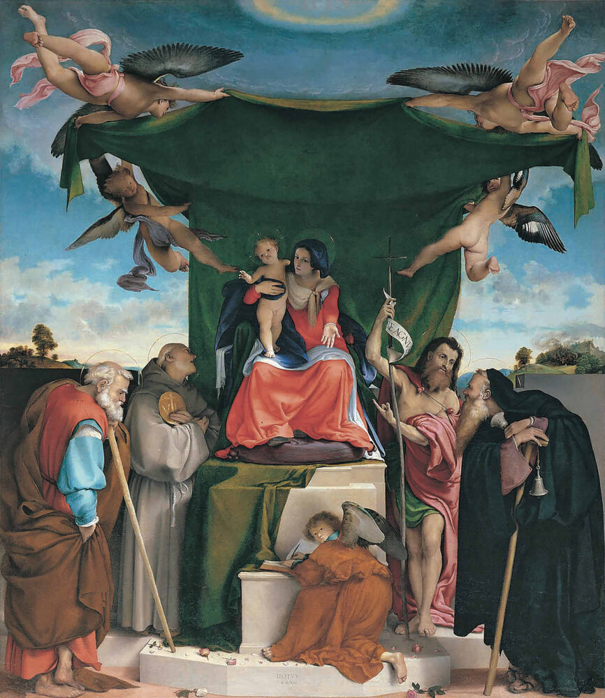  Madonna col Bambino e i santi Giuseppe, Bernardino da Siena, Giovanni Battista, Antonio Abate e cinque angeli, 1521