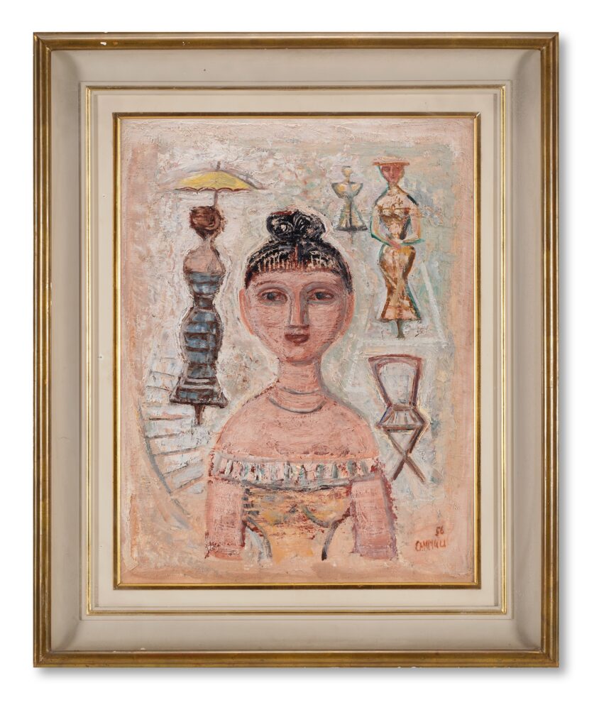 Lotto 19 Massimo Campigli (Berlino 1895 - St. Tropez 1971) "Attesa" 1956, olio su cartone telato, cm 64,5x49,5 Valutazione € 30.000 - 35.000
