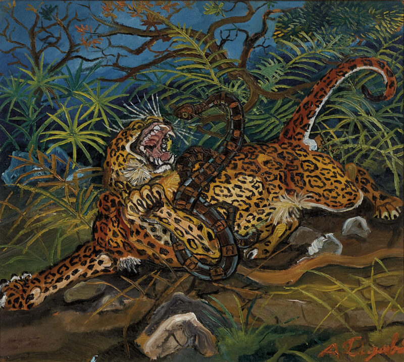 Antonio Ligabue, Leopardo con serpente. Venduto a