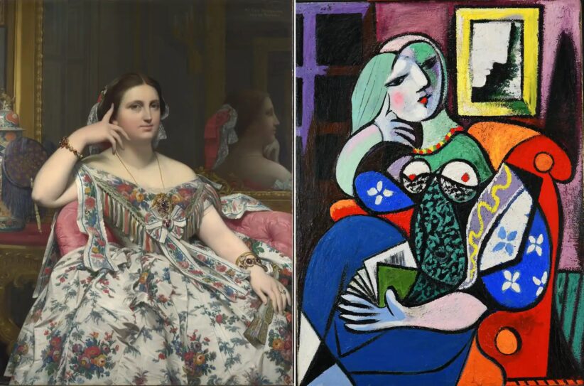 Madame Moitessier, 1856, left, by Ingres, and Picasso’s Woman With a Book, 1932. Photograph: © The National Gallery, London; © Succession Picasso/DACS 2021 / photo The Norton Simon Foundation