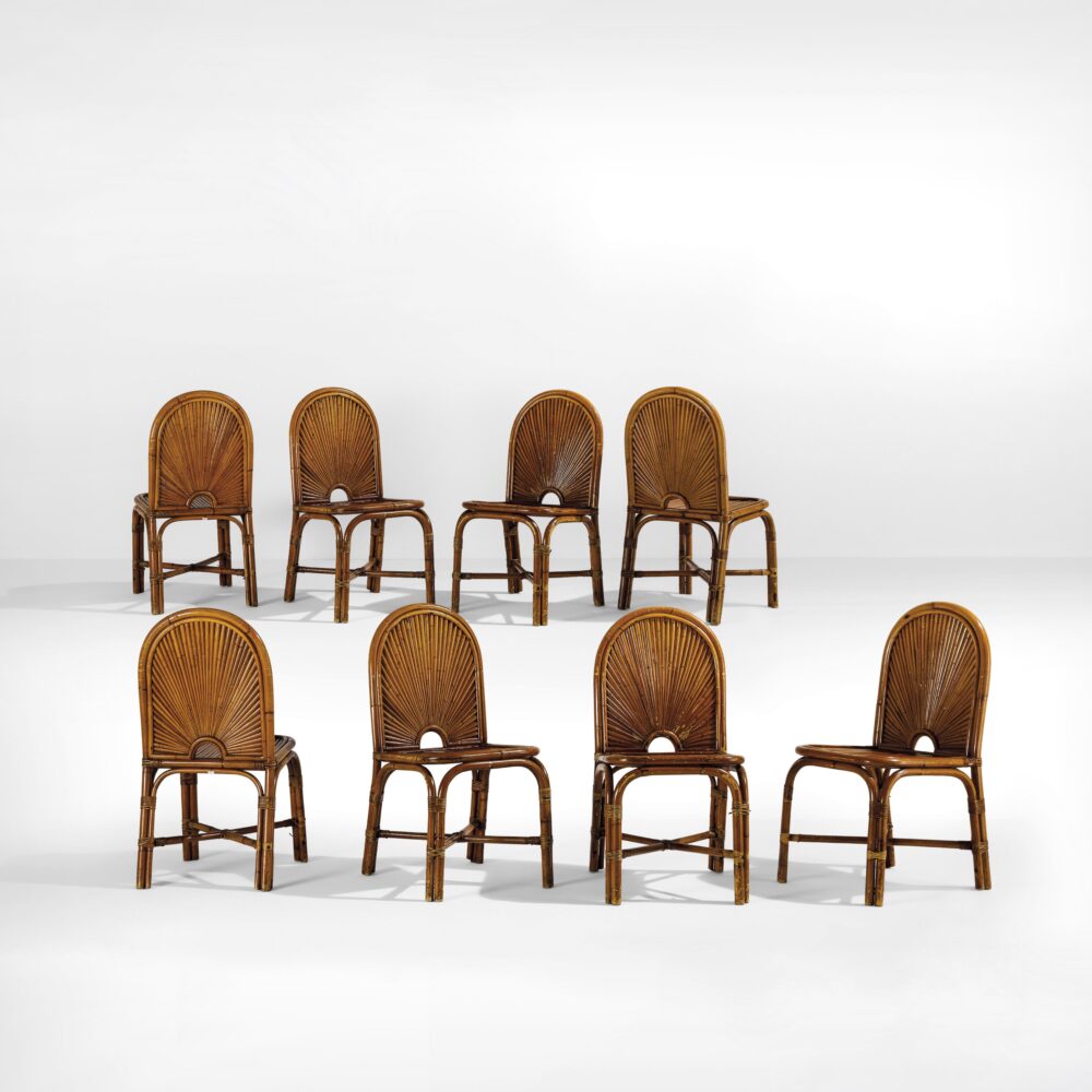 Gabriella Crespi Otto sedie mod. Rising Sun Struttura in bambù e malacca. Prod. Italia, 1970 ca. Stima: 15.000 - 20.000 €  Venduto a: 52.500 €