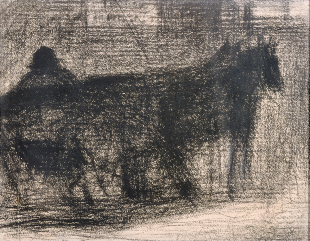 Georges Seurat Two-Horse hitch (Attelage à deux chevaux), 1882–83 Conté crayon on paper 23 x 30 cm Musée de la Faïence et des Beaux-arts Frédéric-Blandin, Nevers Photo (C) RMN-Grand Palais / Gérard Blot