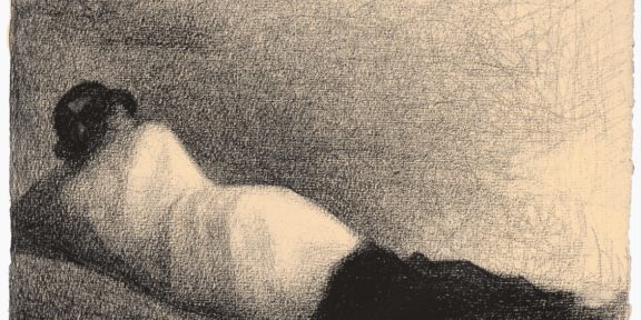 Georges Seurat Reclining Man (Study for “Bathers at Asnières”) [L’homme Couché (Étude pour “une Baignade, Asnières”)], 1883-84 Conté crayon on paper 24.5 x 31.5 cm Fondation Beyeler, Riehen/Basel, Sammlung Beyeler Photo: Peter Schibli