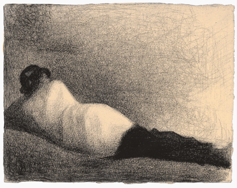 Georges Seurat Reclining Man (Study for “Bathers at Asnières”) [L’homme Couché (Étude pour “une Baignade, Asnières”)], 1883-84 Conté crayon on paper 24.5 x 31.5 cm Fondation Beyeler, Riehen/Basel, Sammlung Beyeler Photo: Peter Schibli