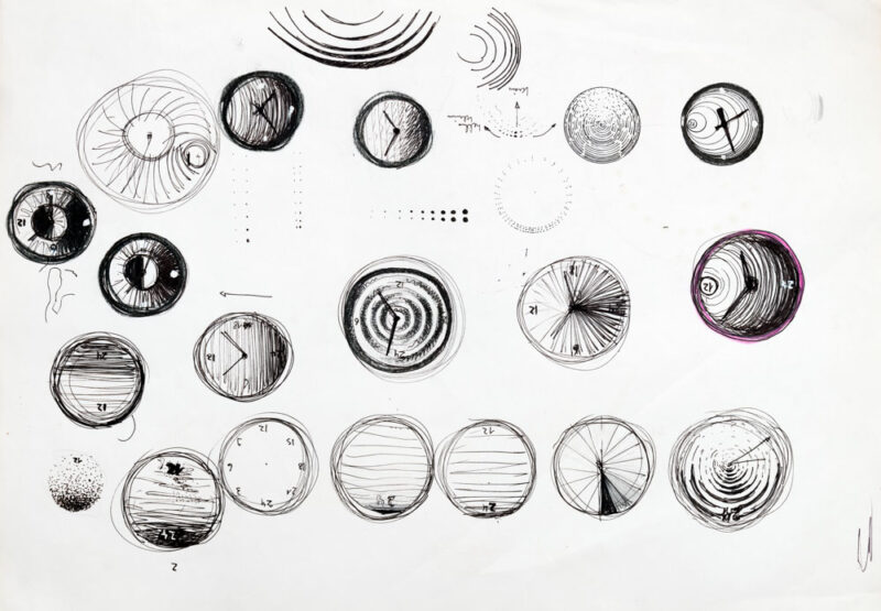 Vito Noto, Bozzetti di studio Giorno/Notte Orologio da parete 24 ore Perditempo 1989 Tecnica mista su carta 29,7 x 42 cm Product design Collezione d’arte m.a.x. museo, Chiasso Fotografia © Carlo Pedroli