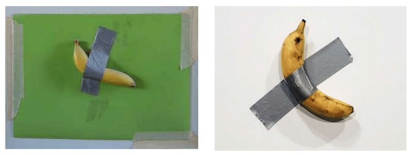 A sinistra Banana & Orange, di Joe Morford, a destra Comedian di Maurizio Cattelan
