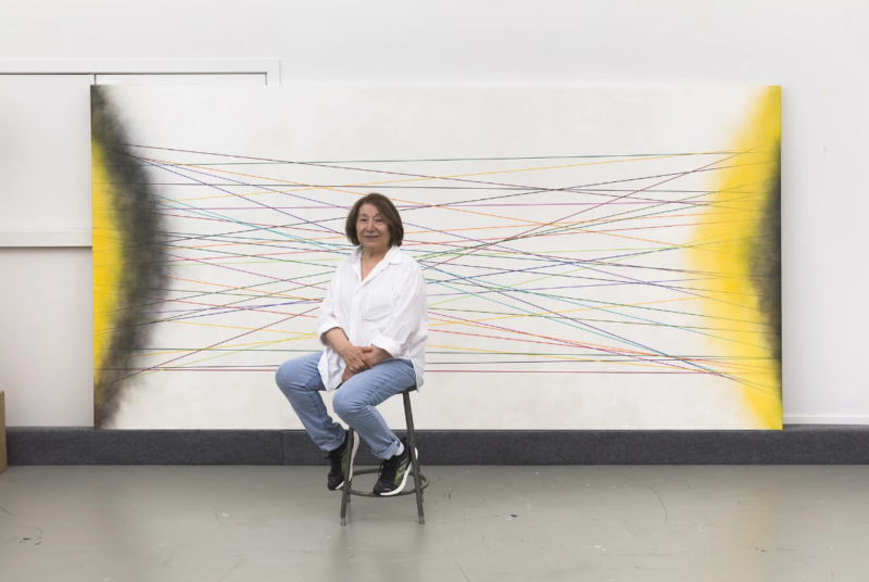 Virginia Jaramillo in her studio in front of Quanta, 2021, courtesy Virginia Jaramillo and Hales Gallery. Photo by JSP Art Photography