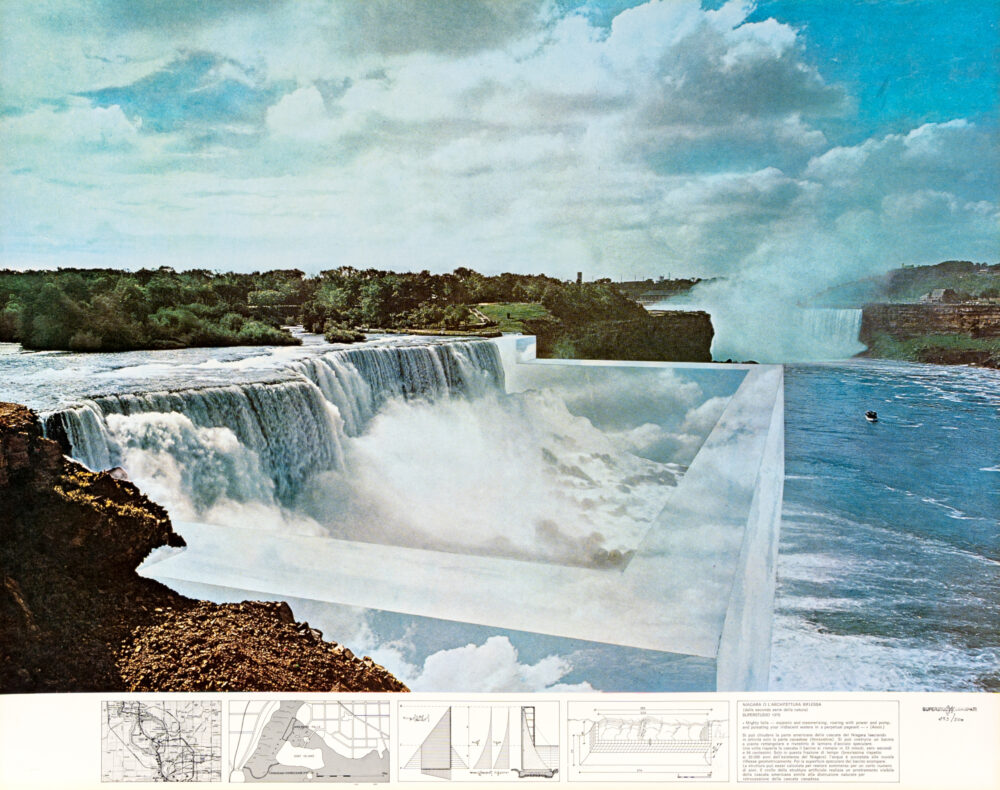 Superstudio, Niagara o l’architettura riflessa, 1970, Stampa fotografica offset su carta patinata, Edizioni Plura, Milano (timbro a secco) 68,5 x 86,5 cm, Stima euro 700 - 1.000