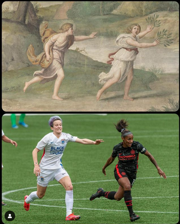 Apollo rincorre Daphne di Domenichino e una foto di Megan Rapinoe che rincorre un'avversario in campo. Courtesy of ArtButMakeItSports