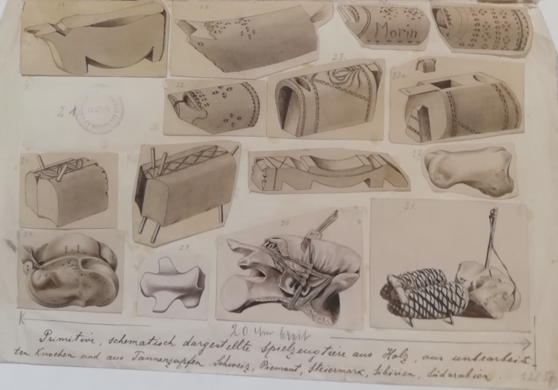 Disegni recuperati di giochi rurali antichi realizzati con ossa e legno, Documenta, Kassel