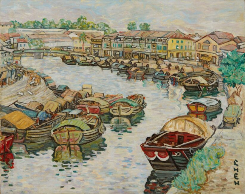 Georgette Chen, Boats and Shophouses (1963-65). Courtesy of Sotheby's.