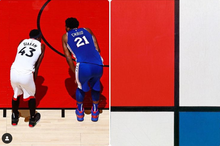 Composition II in Red, Blue, and Yellow di Piet Mondrian sembra rivivere su un campo di basket. Courtesy of ArtButMakeItSports