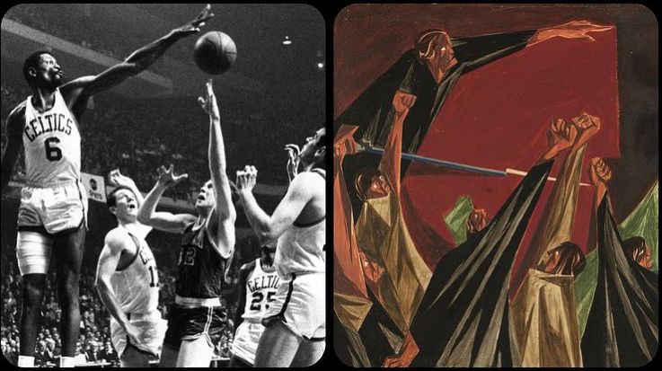 Un'opera di Jacob Lawrence e una foto di Bill Russell scattata da Dick Raphael. Courtesy of ArtButMakeItSports