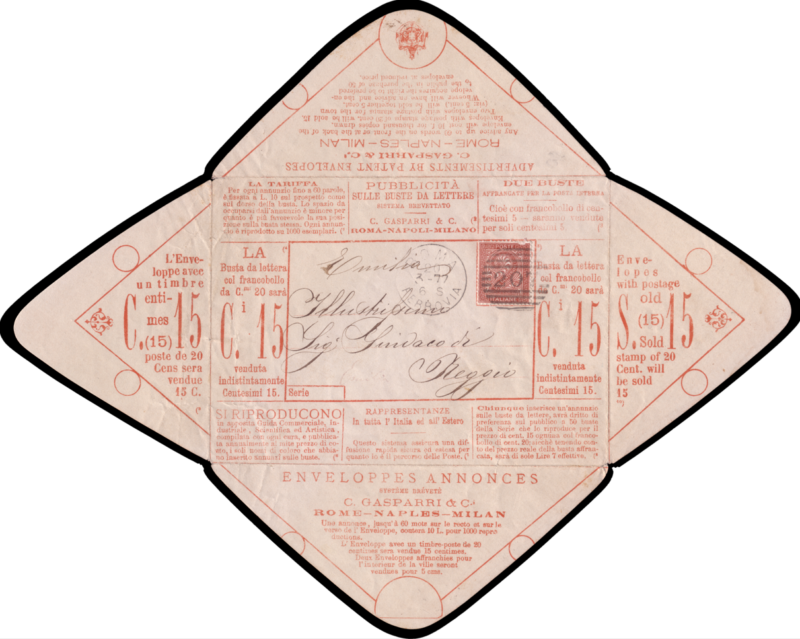 Lotto 43 REGNO D'ITALIA 1877 (20 mar.) Busta parlante senza numero di serie, rosso su crema, da Roma per Reggio Emilia, affrancata in tariffa stampe con 2c. rosso mattone, tiratura di Torino. Stima: € 5.000 - 10.000