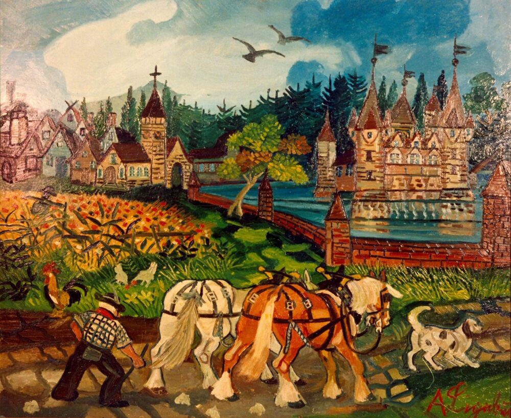 Antonio Ligabue, Ritorno dai campi con paesaggio svizzero, s.d. (1955-57), olio su tavola di faesite, 77x93 cm, Collezione BPER Banca