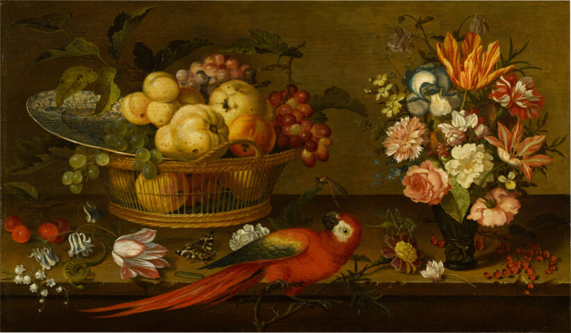 Balthasar van der Ast, Still life with a basket of fruit and a Wanli Kraak porcelain dish, a vase of flowers, a parrot, a lizard and insects on a ledge, est. 200,000- 300,000