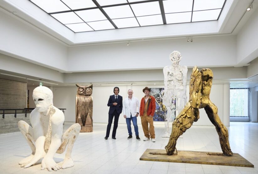 Nick Cave, Thomas Houseago and Brad Pitt in their collaborative exhibition at the Sara Hildé Art Museum in Finland. Photo: Jussi Koivunen.