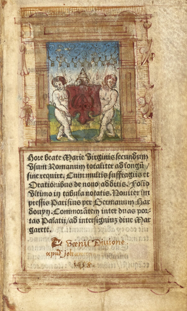 Lotto 568 [LIBRO D'ORE] - Hore Beate Marie Virginis secundum usum Romanum totaliter ad longum sine require com multis suffragiis & orationibus de novo additis. Parigi: Germano Hardouyn, [s.d., ma 1529 con almanacco per gli anni 1529-1545]. Uno dei rari esemplari di libri d'ore stampati su pergamena a Parigi nei primi anni del Cinquecento da Germano Hardouyn e ornato da 16 miniature e numerosi capilettere. Stima: € 4.000 - 6.000